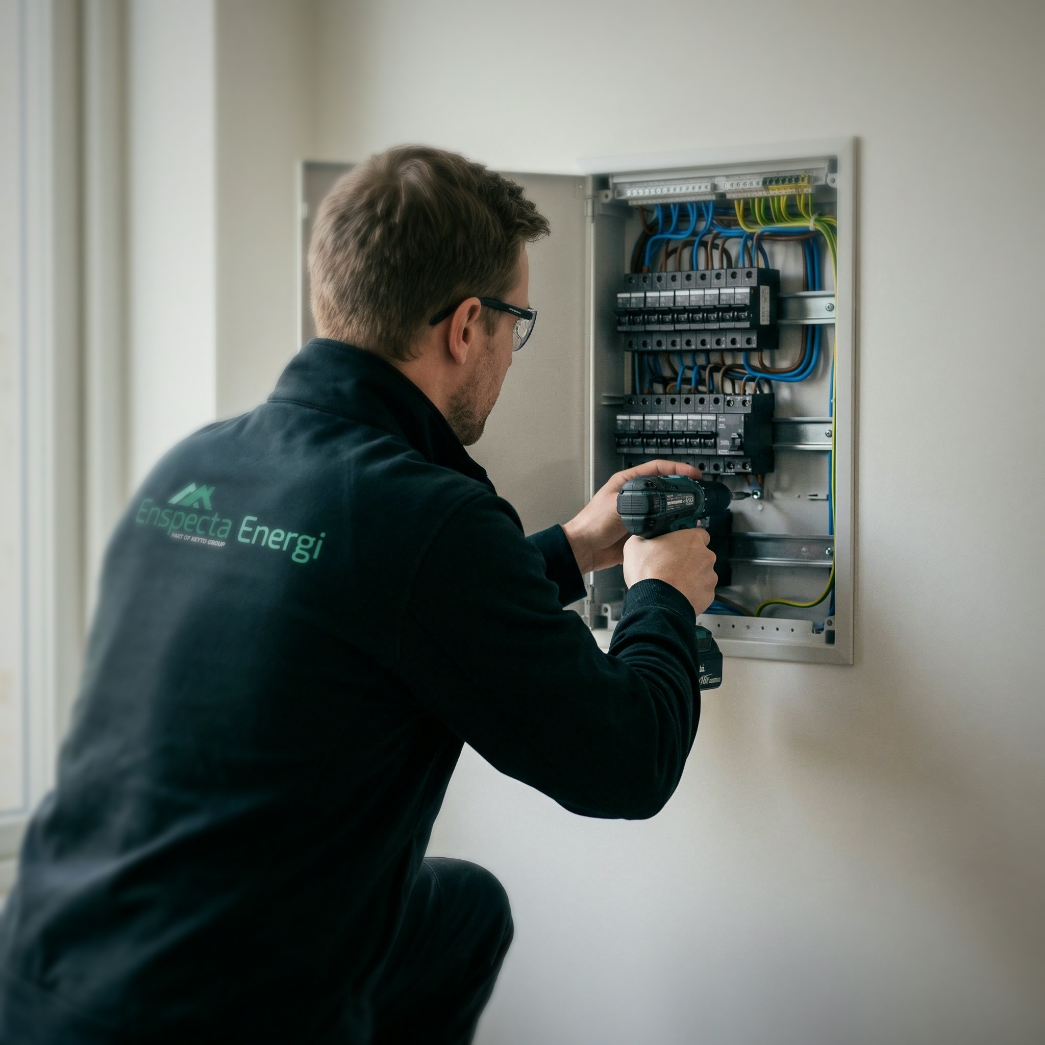 Elektriker arbetar i elcentral